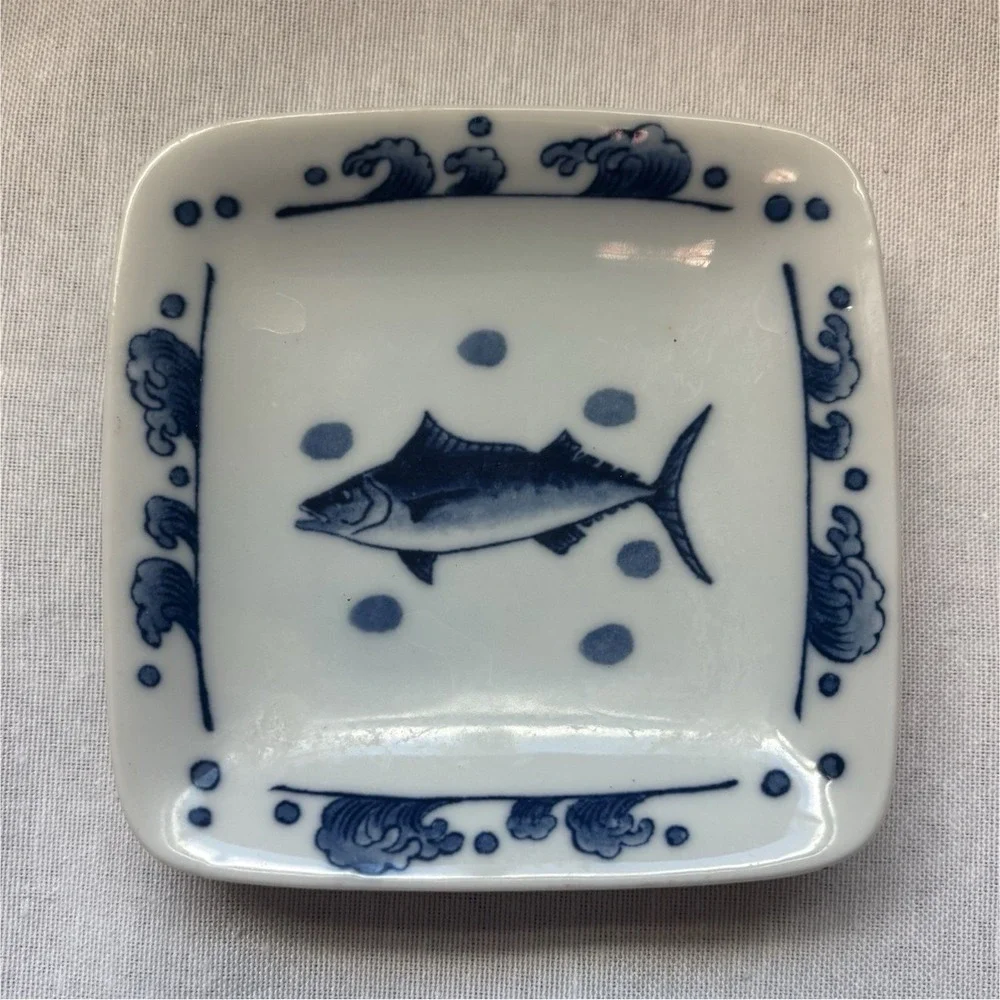 Japanese Blue & White Square Plate with Fish Motif and Japanese Marking 3.5 inch